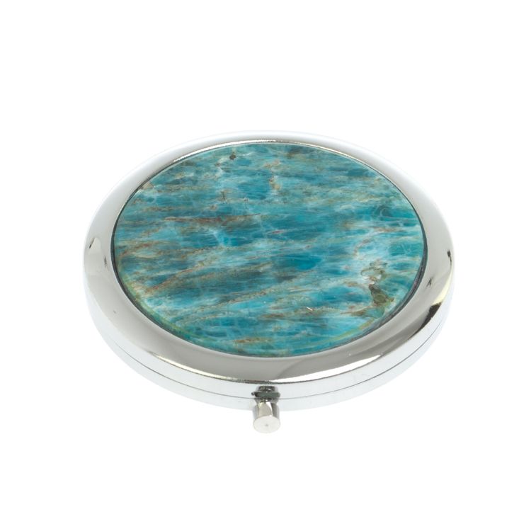 Зеркало круглое из камня голубой апатит цвет серебро